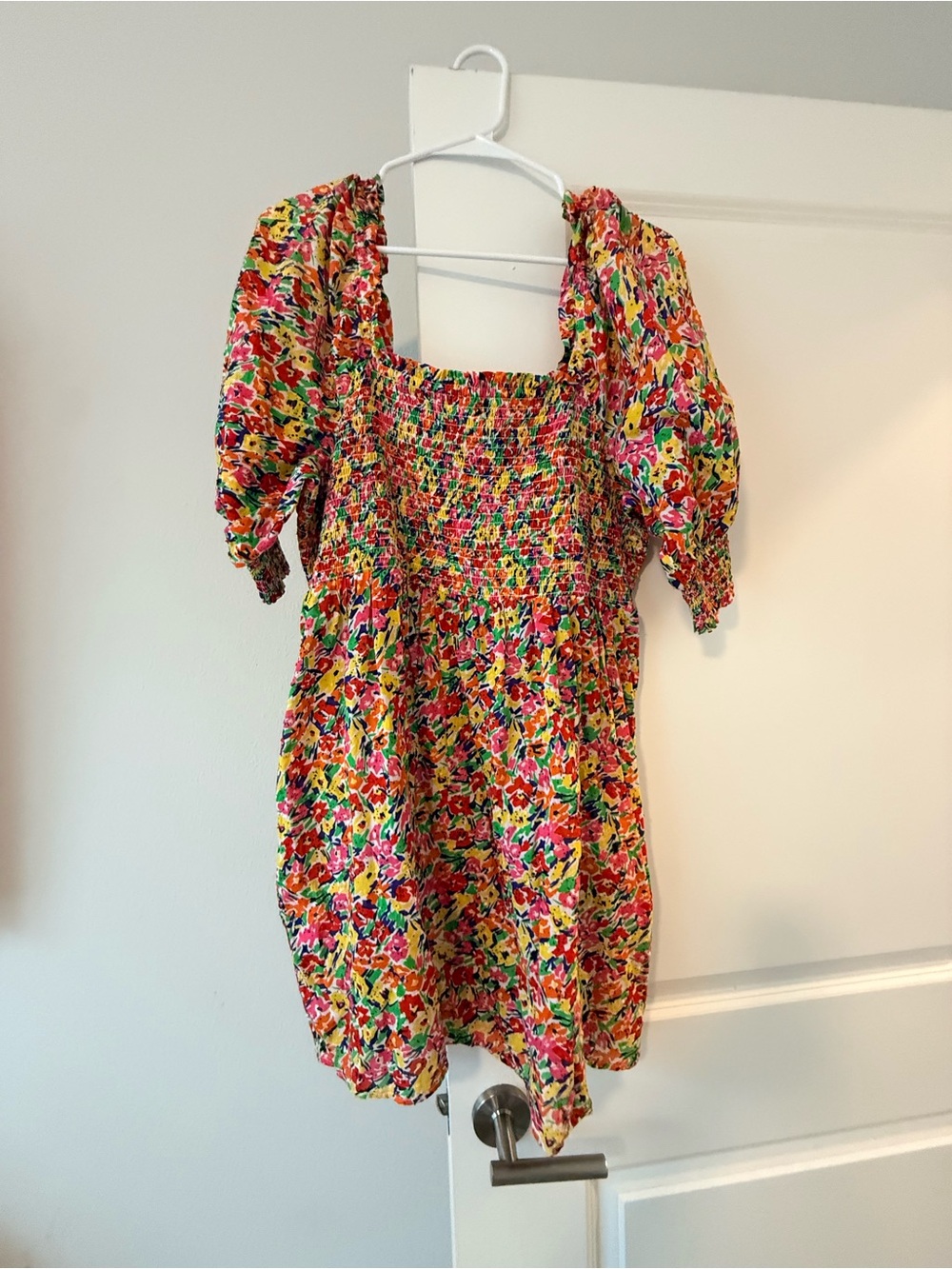 RIXO Floral Smocked Mini Dress in Yellow, Pink, Green